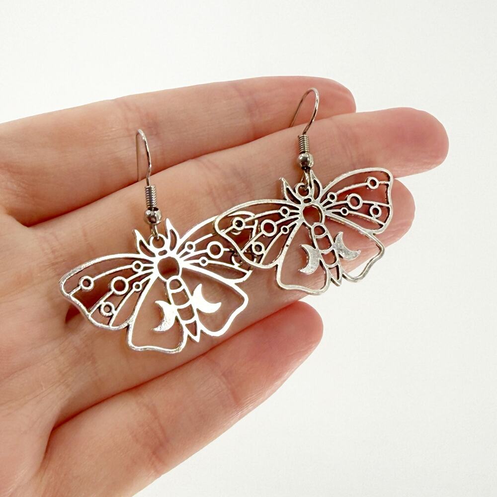 Silver Tone Moth Dangle Earrings, Luna Moth Insect Filigree Nature Jewelry